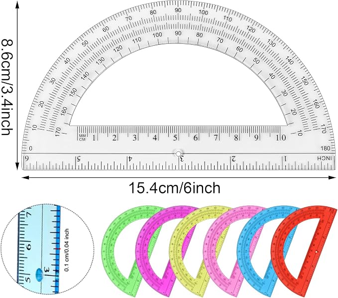 Unjoo Plastic Protractor 6 Inch Math Protractors 180 Degrees, 2 Pack, Clear | Transparent Protractor for Geometry Classroom Student School, Office Supplies
