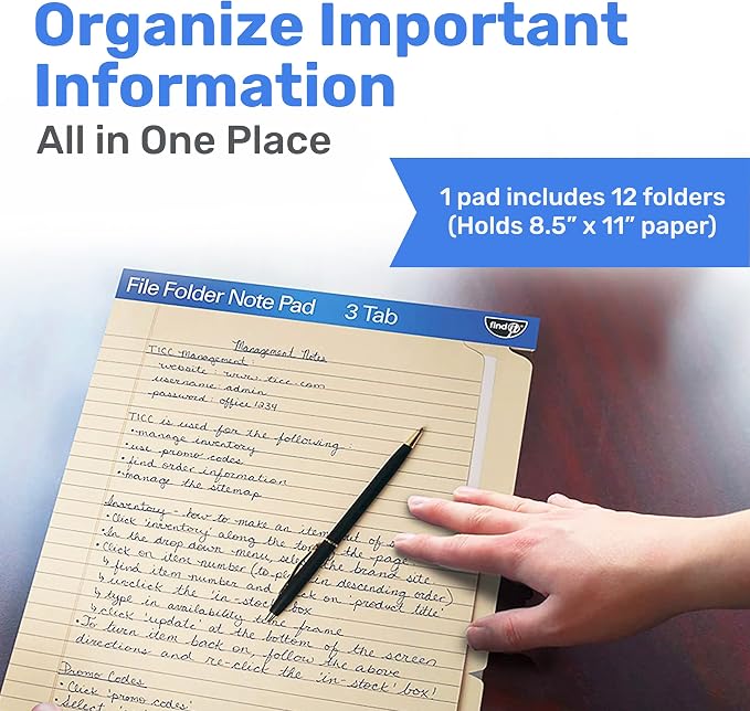 Find It File Folder Notepad - Pack of 12-9.5 x 12.5 Inch Notebook Organizer Folders for Filing, Document, and Clipboard Organization - Cream | Wide-ruled clipboard-style pages, tear-out perforated sheets, great for office, home, and school filing organ...