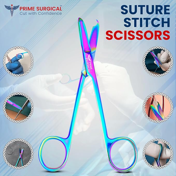 Suture Stitch Scissors 5” (13 cm) Straight – German Steel, Rainbow Titanium Coating, Delicate Hook Tip for Precision Ideal Suture Removal kit, First Aid, Hospitals, EMS & Veterinary Use