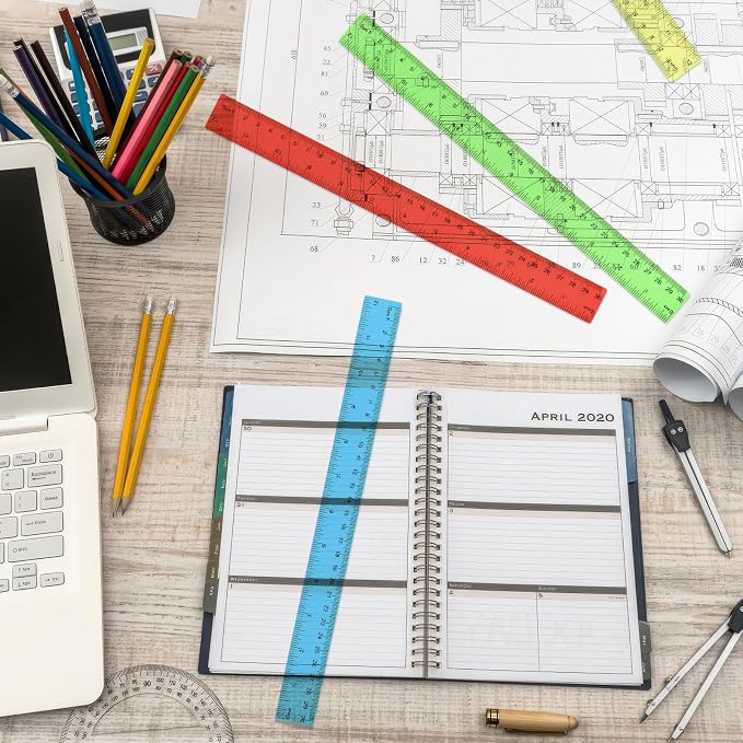 32 Pack Assorted Color Clear Rulers 12 inch, Plastic Ruler Bulks for Classroom, Transparent Metric Rulers for Kids with Inches and Centimeters for School, Home, Office Supplies