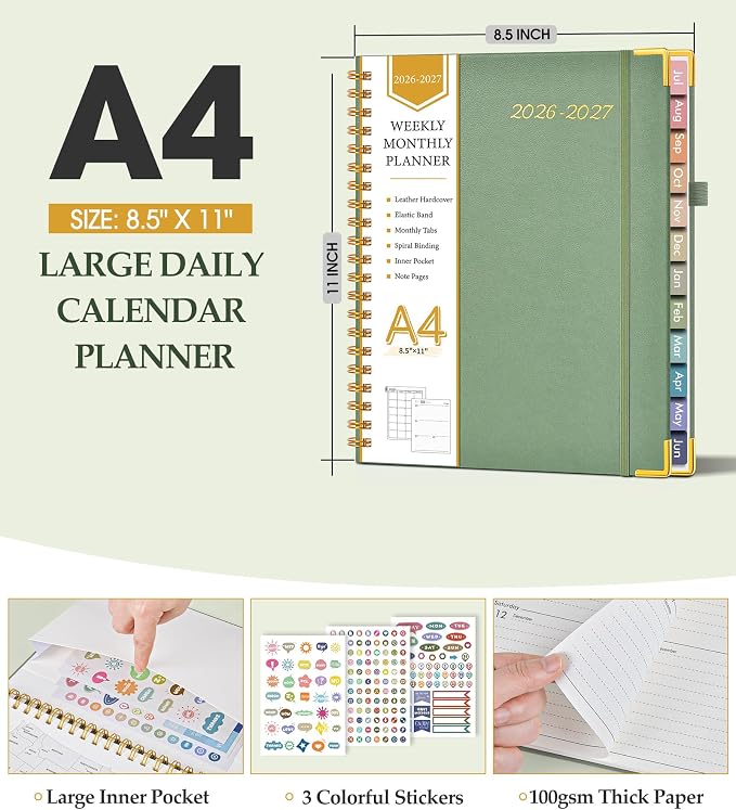 2026-2027 Appointment Book, Academic Weekly and Monthly Calendar Planner from July 2026 - June 2027, A4 8.5" x 11" Hardcover Leather Hourly Daily Planners with Tabs, College School Organizer for Student Teacher, Green