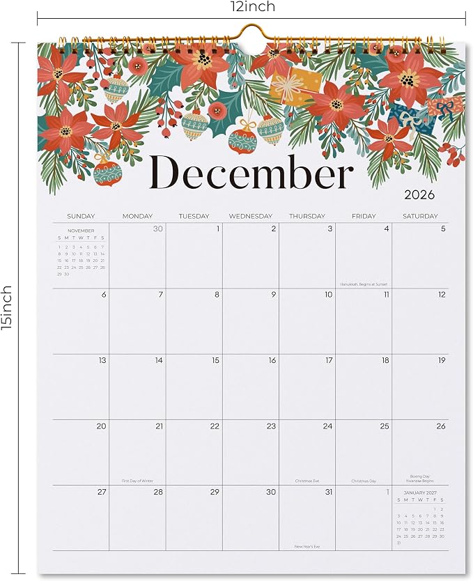 Wall Calendar 2026–2027, Jokotha 18 Monthly Calendar from January 2026 to June 2027, 12"x15", Hanging Hook, Twin-Wire Binding, Floral Design Calendar for Easy Organizing