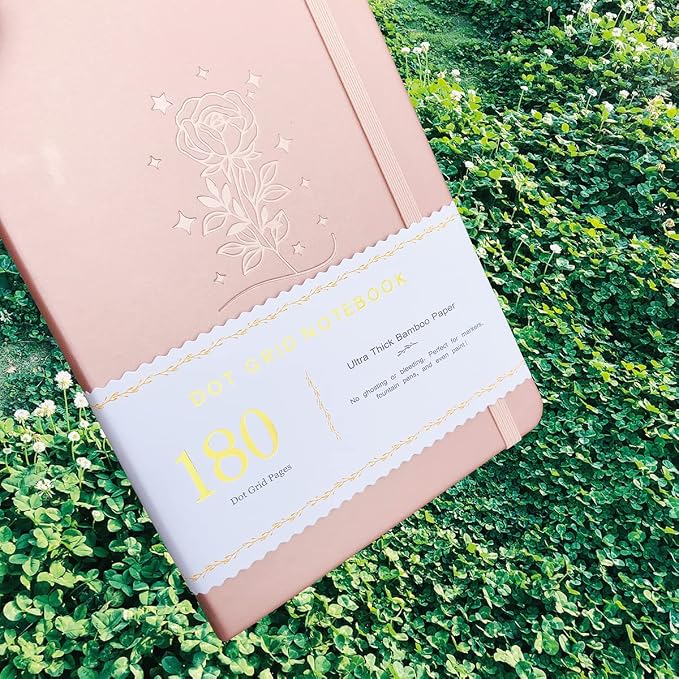 BUKE Dotted Notebook Journal 180GSM Bamboo Thick White Paper 160 Pages 5 * 5MM Dot Grid, Lay Flat Binding,Colored Silver Edges, Bookmarks and Expandable Back Pocket (BKP-4) ROSE