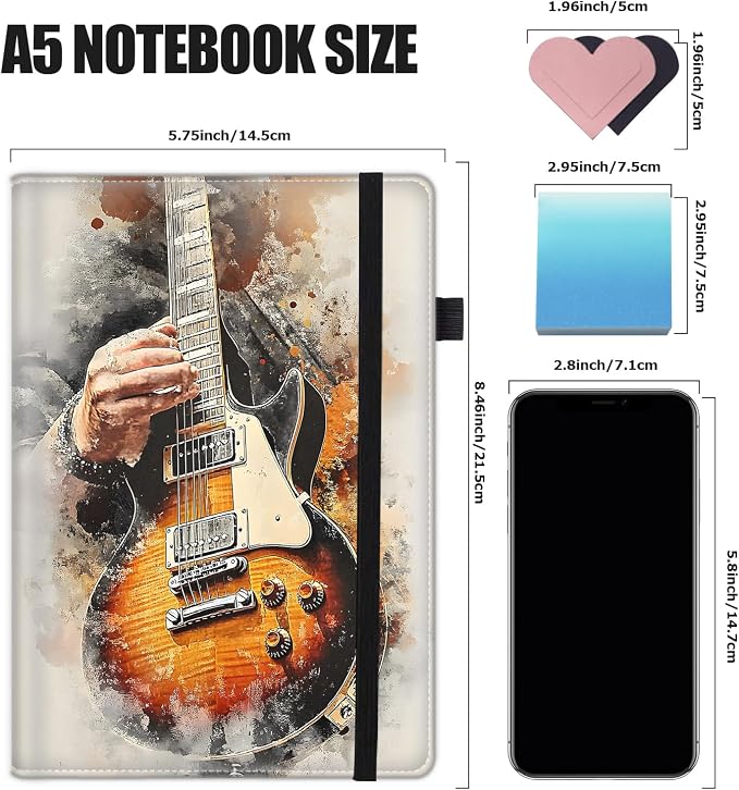Hardcover Executive Notebooks, A5 PU Leather Lined Journal Notebook, 200 Pages Thick Paper Subject Notebooks for School,Work,Home Writing Business Notebook, Diary Book ，Playing Guitar
