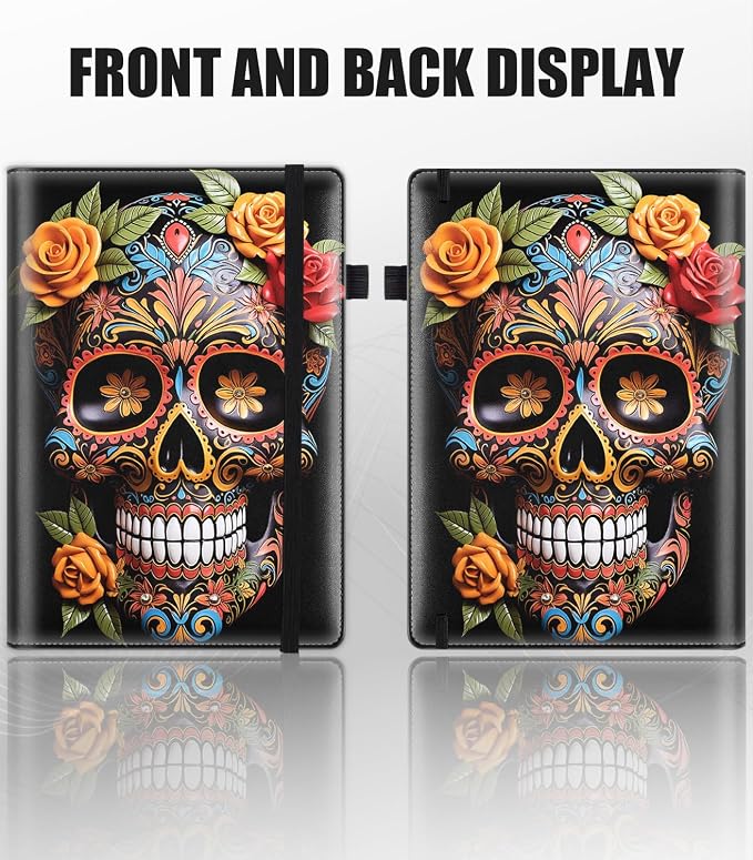 Hardcover Executive Notebooks, A5 PU Leather Lined Journal Notebook, 200 Pages Thick Paper Subject Notebooks for School,Work,Home Writing Business Notebook, Diary Book ， Sugar Skull Rose