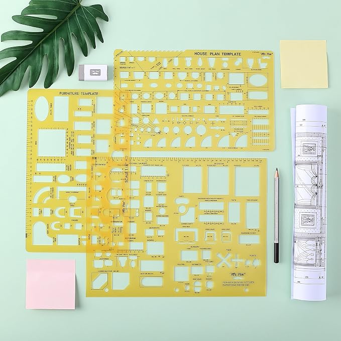 Mr. Pen- House Plan, 3 pcs, Interior Design and Furniture Templates | Clear Flexible Plastic, Drafting Tools, Ruler Shapes for Architecture, 1/4 Inch Scale, Kitchen, Bath, Bedroom, Office