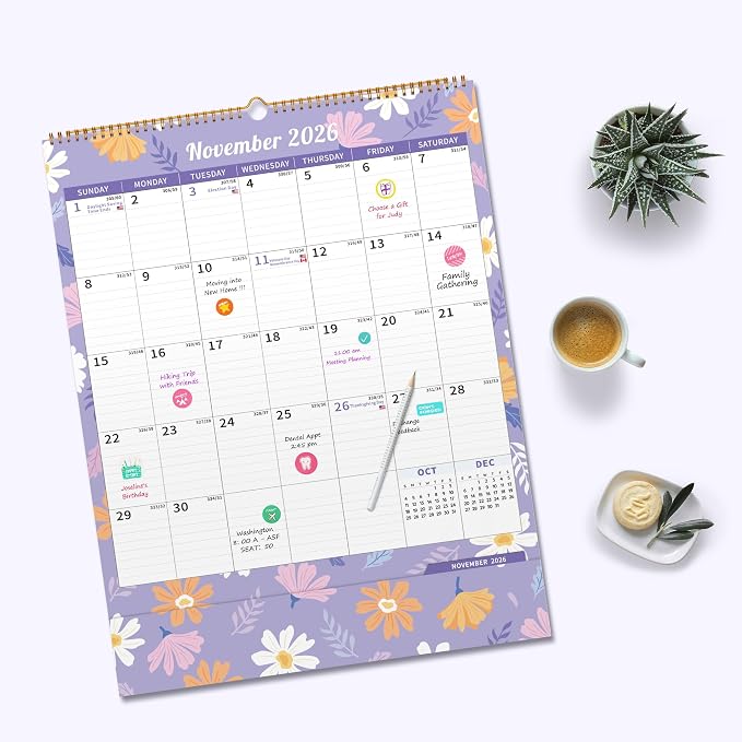 Ospelelf Wall Calendar 2026-2027 with Storage Pocket Monthly Large Planner Pad 17" X 22" with Protective Cover and Stickers for Family Fridge Office Teacher Student January 2026 to June 2027 Ditsy Floral