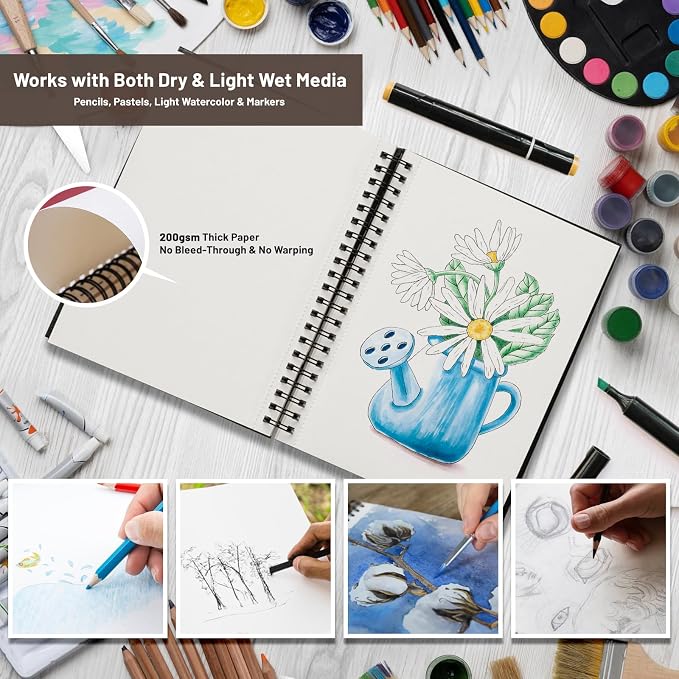 KAKKUE 8.5" x 11" 200 GSM Premium Mixed Media Sketchbook, 80 Sheets (160 Pages), Hardcover Spiral Bound Drawing Pad, Acid-Free Thick Artist Paper for Watercolor, Illustration & Professional Sketching