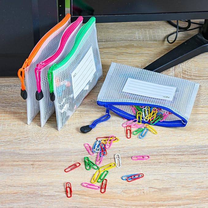 Plastic Mesh Zipper Pouch, 12Pcs Zipper File Bags with Label Pocket, Game Boards Storage Bags, Waterproof Document Storage Bags for Office Home Travel Cosmetic (A6 Size 6.3x4.7 in)