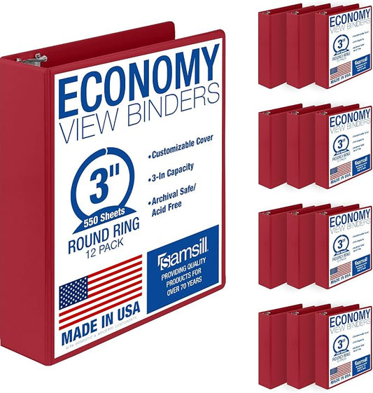 Samsill 3 Inch 3 Ring Binders, Economy Round Ring, Clear View Cover, 550 Sheet Capacity - for School, Home, Office - Red, 12 Pack