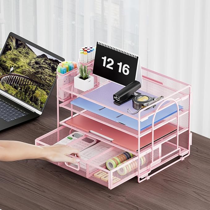 Marbrasse Desk Organizer and Accessories, 4-Tier Paper File Letter Tray Accessories & Workspace Desk Organizers with Drawer and 2 Pen Holders for School Home Office Supplies(Pink)-2P