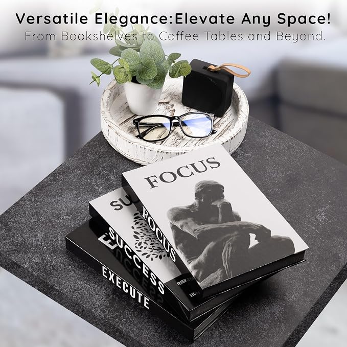 Motivational Decorative Books Set of 3 - Faux Books for Home Office Decor | Black white fake books for decoration with magnetic hidden storage box for office desk, coffee table, bookshelf, tv stand