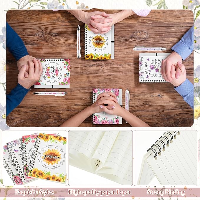 Colarr 12 Sets Christian Notebooks Bulk Christian Gifts for Women Pen and Notebook Gift Set Religious Prayer Journal for Woman Church Scripture Note Books with Bible Verse Pens(Floral Border)