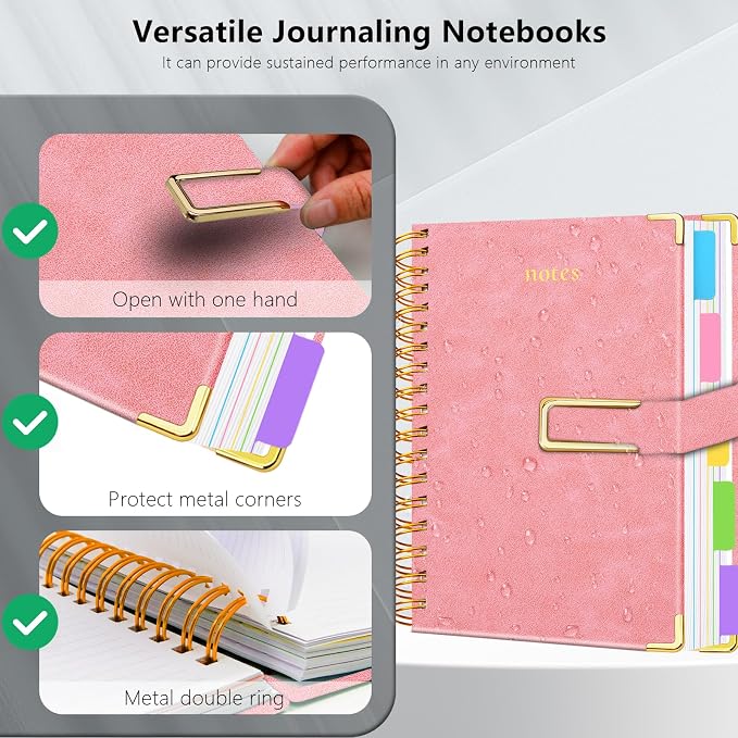 Hardcover Spiral Notebook College Ruled, 6.2"x 8.2" Leather Journal Notebook with Magnetic Closure, 300 Pages 5 Subject Notebook with Dividers Tabs Journal for Women Men, Work, School(Pink)