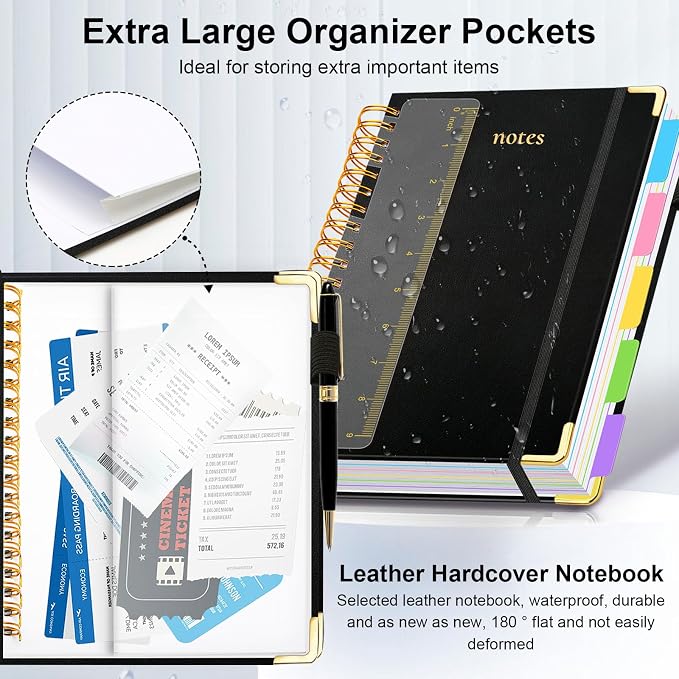 Hardcover Spiral Notebook 6.2"x 8.2" Journal Notebook with Tabs and Removable Dividers 300 Pages 5 Subject Notebook College Ruled, Faux Leather Spiral Bound Notebook for Women School Work (Black)