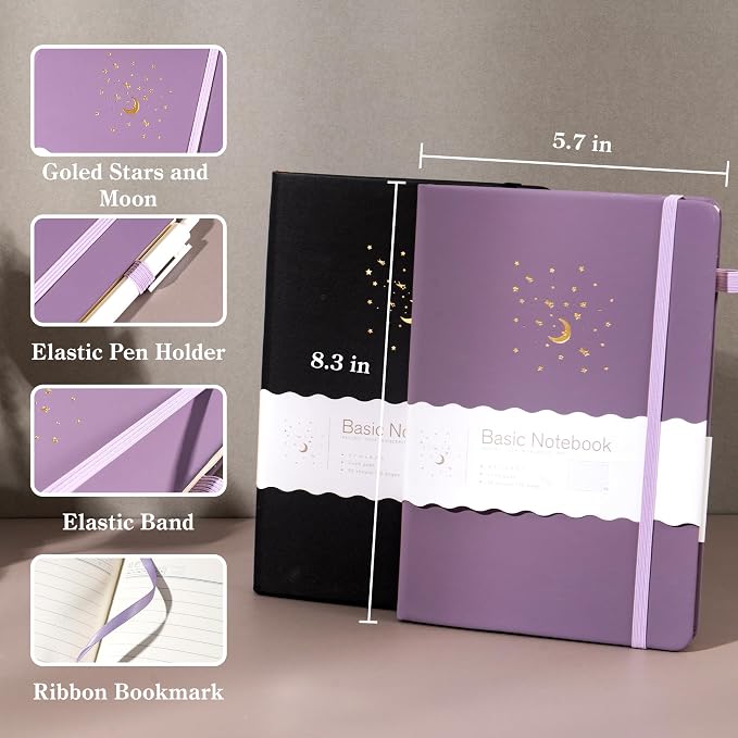 CAGIE 2 Pack Journals Notebook for Women Men, Hardcover Journaling Notebooks with Pen Loop, A5 Small Journal for Work Writing Note Taking Gifts, 5.7" x 8.3", Black& Purple