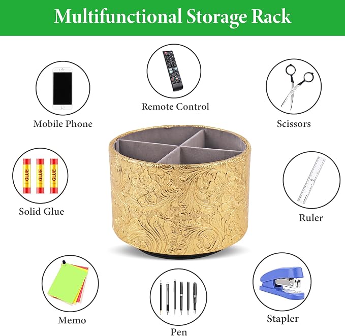 lizimandu Round Leather Art Supply Organizer,Remote Control Holder,360 Degree Spinning,Multi-Functional Pencil Holder,4 Compartments Desktop Stationary Organizer(1-Carved Gold)