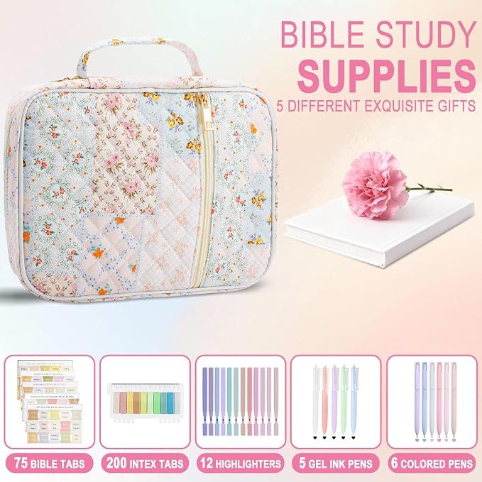 Bible Cover Case Study Supplies for Women Gifts Large Bible Cover with Highlighters Pens Tabs Cute Quilted Carrying Case Christian Journal Kit Accessories Christian Gifts Sticky Notes A