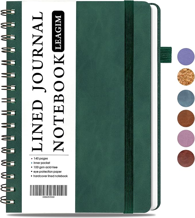 LEAGIM Lined Spiral Journal Notebook for Women & Men, College Ruled Hardcover Notebook for Work & Note Taking, Journals for Writing, 100 GSM, Business, School, 140 Pages, A5(5.8"x8.5") - Dark Green