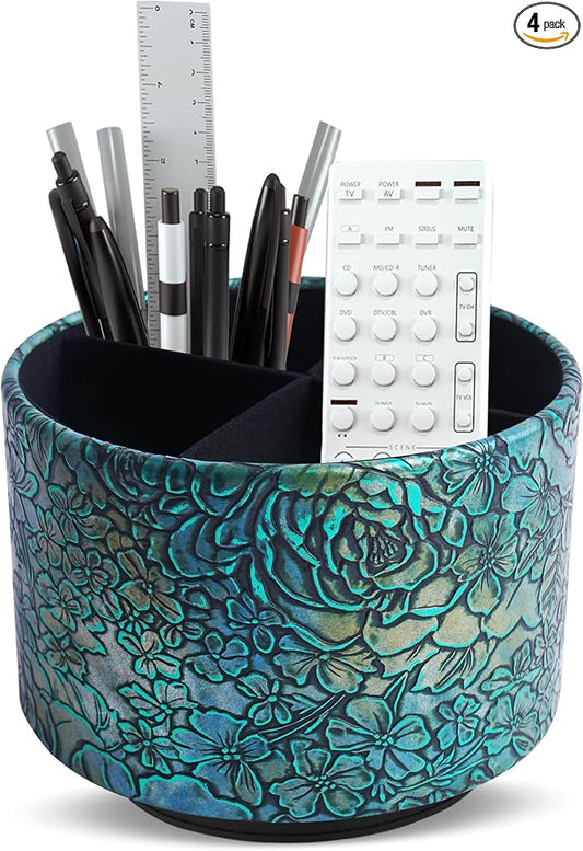 Round Leather Art Supply Organizer,Remote Control Holder,360 Degree Spinning,Multi-Functional Pencil Holder,4 Compartments Desktop Stationary Organizer(1-Rich Flower Green)