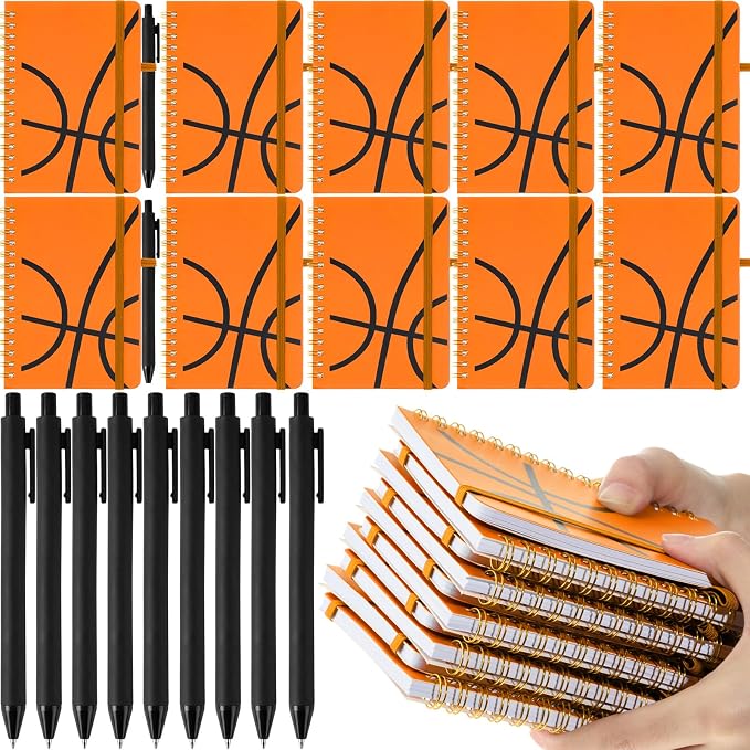 Fulmoon 24 Set Basketball A6 Spiral Notebook with Ballpoint Pens 50 Sheets, 4"x 6" Small College Ruled Notepads Journaling Notebooks Bulk Basketball Team Gifts for Back to School Supplies Offices