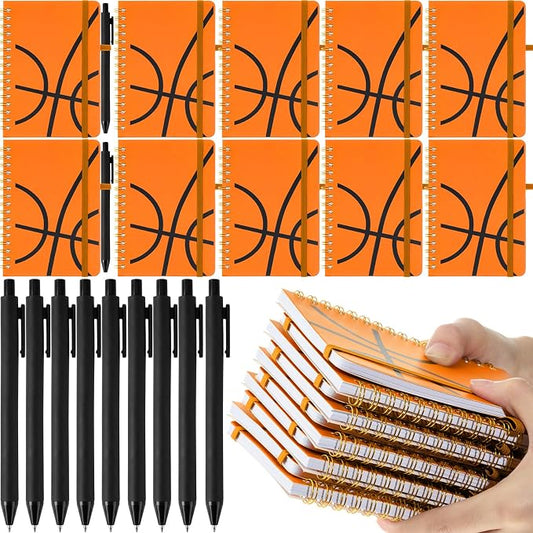 Fulmoon 24 Set Basketball A6 Spiral Notebook with Ballpoint Pens 50 Sheets, 4"x 6" Small College Ruled Notepads Journaling Notebooks Bulk Basketball Team Gifts for Back to School Supplies Offices
