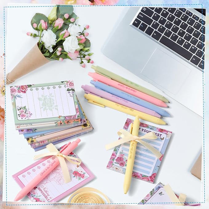 Eaasty 48 Pcs Floral Inspirational Notepads and Pens with Ribbon Bulk, Positive Affirmation Stationery Back to School Gifts for Students, Teachers, Classroom Rewards, Office Appreciation, Party Favors