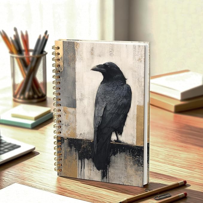 HOXUNQINA Dark Academia Gothic Raven Journal Notebook 5.5x8.3 | Raven Gifts for Women Men Journal, Modern Abstract Minimalist Black Crow Notebooks for Work