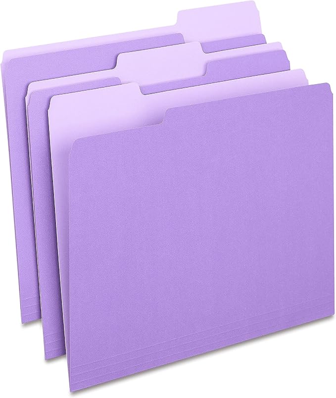 Staples Colored File Folders, Letter Size, 1/3‑Cut Tabs, Purple, Durable Paper Stock, 200/Carton