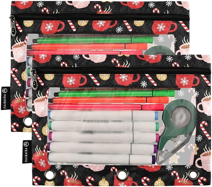 Christmas Snowflakes Pencil Pouches for 3 Ring Binder, Zipper Binder Pencil Case, 2 Pack Clear Window Case Bag for Office Organizers