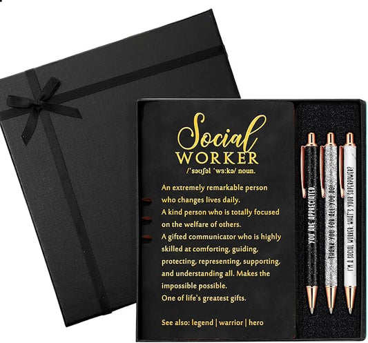 Resurhang 5 Pcs School Social Worker Must Haves Office Supplies Gift Leather Journal Notebook 3 Ballpoint Pens with Box Thank You Social Work Appreciation Gift for BSW MSW DSW(Black)