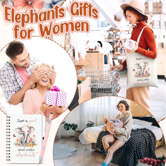 Kinlop 5 Pcs Elephant Pattern Gifts for Women Include Just a Girl Who Loves Elephants Tote Bag Canvas Cosmetic Bag Coil Notebook Keychain and Ballpoint Pen for Women Girls