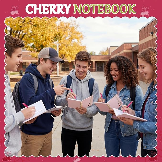 Fulmoon 24 Set Cherry A6 Spiral Notebook with Ballpoint Pens 50 Sheets, 4"x 6" Small College Ruled Notepads Journaling Notebooks Bulk for Back to School Supplies Offices Team Cherry Birthday Gifts