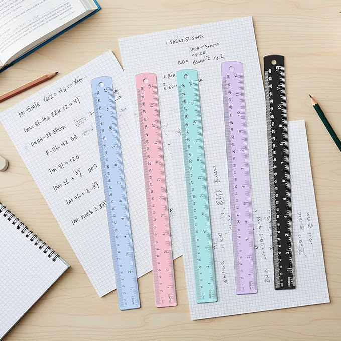 5 Pack Metal Ruler 12 Inch, Stainless Steel Ruler Kit with Centimeters, Millimeters, Inches and Conversion Table for Office and School, Easy to Read Metric Rule Set