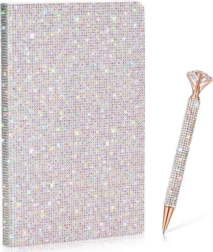 Rhinestone Pen & Glitter Notebook Set, Hard Cover Bling Diary Journal for Girls, Cute School Supplies for Back to School, Sparkly Desk Accessories Gift for Women(Rhinestone,A5,Silver)