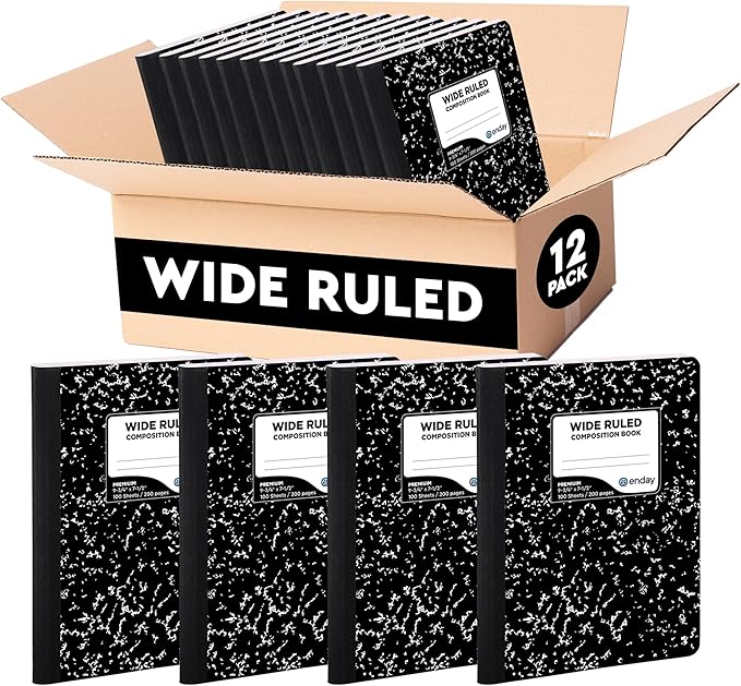 Enday Marble Composition Notebook Wide Ruled (12 Pack) 100 Sheets | Black Composition Notebook For Back to School, Home and Office