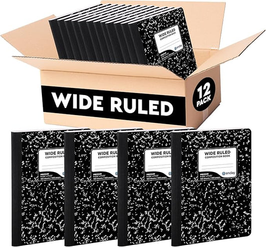 Enday Marble Composition Notebook Wide Ruled (12 Pack) 100 Sheets | Black Composition Notebook For Back to School, Home and Office