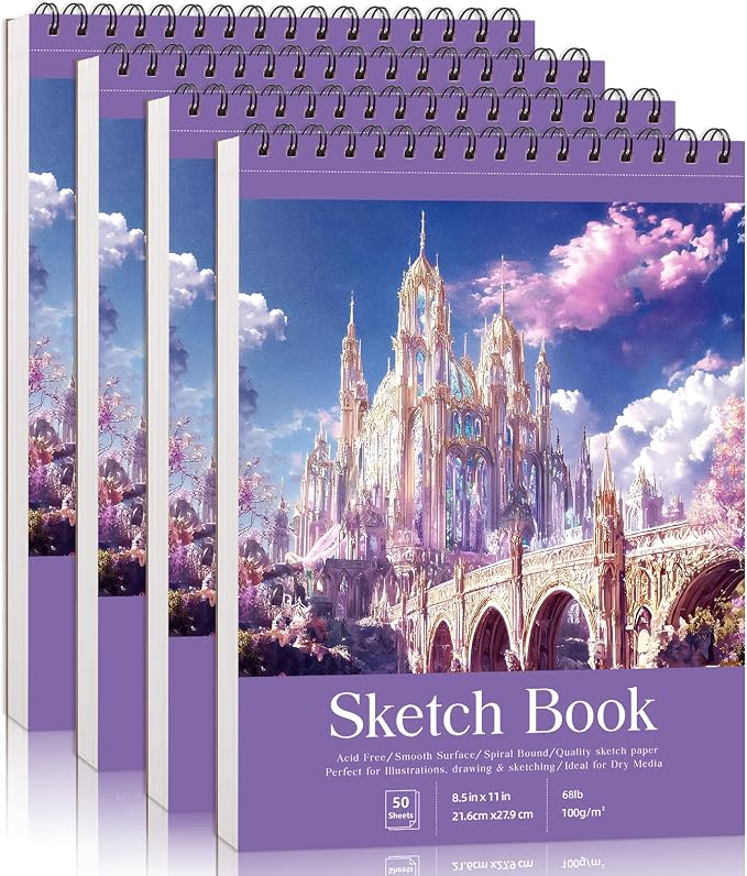 Prudiut Sketch Book 4 Pack 8.5x11 Inch Violet Spiral Bound Sketch Pad for Woman - 50 Sheets Acid Free Paper Sketchbooks for Drawing Artists Beginners Dry Media Portable Tear Line Art Supplies