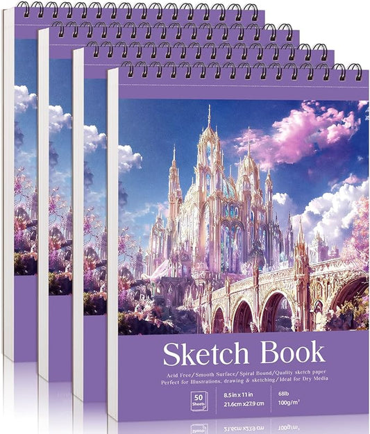 Prudiut Sketch Book 4 Pack 8.5x11 Inch Violet Spiral Bound Sketch Pad for Woman - 50 Sheets Acid Free Paper Sketchbooks for Drawing Artists Beginners Dry Media Portable Tear Line Art Supplies