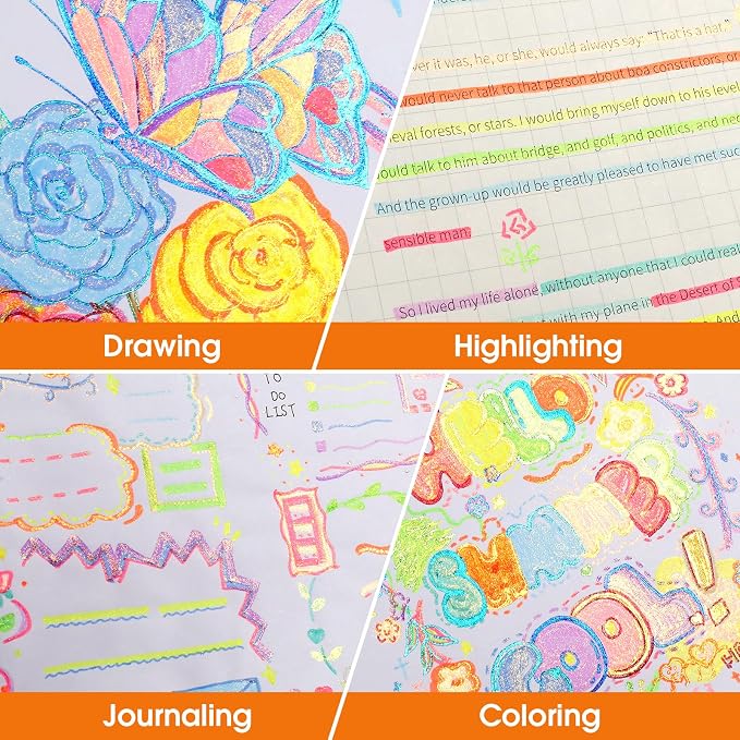 HANKU Glitter Highlighter Markers, 16-Count, Chisel Tip Glitter Highlighters Assorted Colors, Sparkly Markers for Adult Coloring Journaling Art Supplies