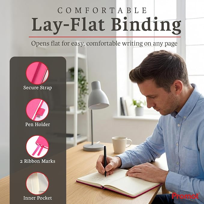 Promot PU Leather Ruled Journal Notebook- Custom Gold Metallic Text (Pink) | Premium Leather-Look Cover, Smooth Lined Writing Pages, Durable Everyday Construction, Lay-Flat Writing Experience