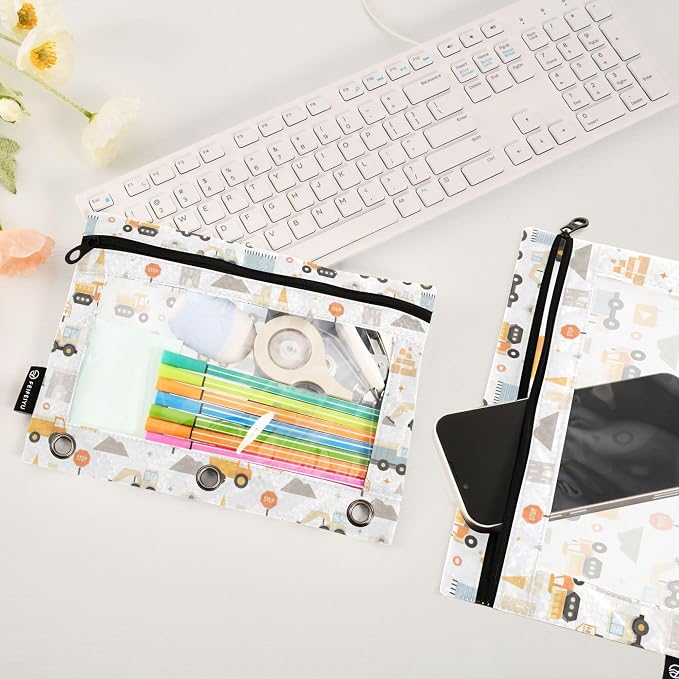 Monster Truck White Binder Pouches 3 Ring for Boys Girls School Office College Supplies Roadster Racing Cars Pencil Pouches Case Bag with Clear Window and Zipper 2 Pack