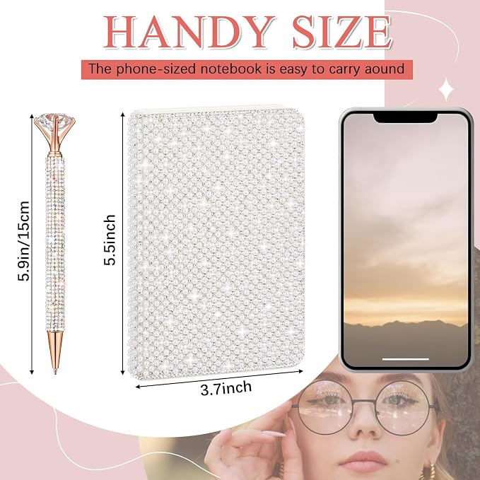 Rhinestone Pen & Glitter Notebook Set, Hard Cover Bling Diary Journal for Girls, Cute School Supplies for Back to School, Sparkly Desk Accessories Gift for Women(Pearl,A6,White)