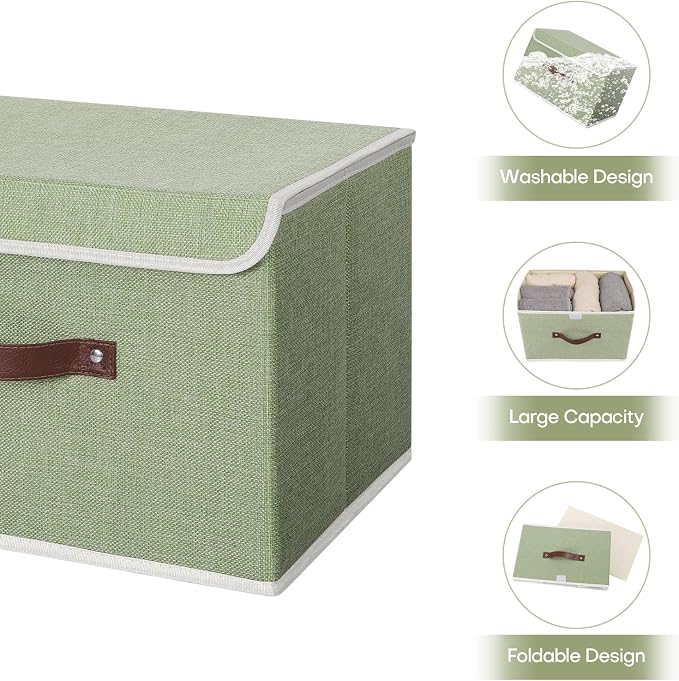 ANMINY Storage Bin with Lid Storage Boxes with PU Leather Handles PP Plastic Board Decorative Foldable Lidded Cotton Linen Fabric Home Cubes Baskets Closet Organizer Container - Green, Medium