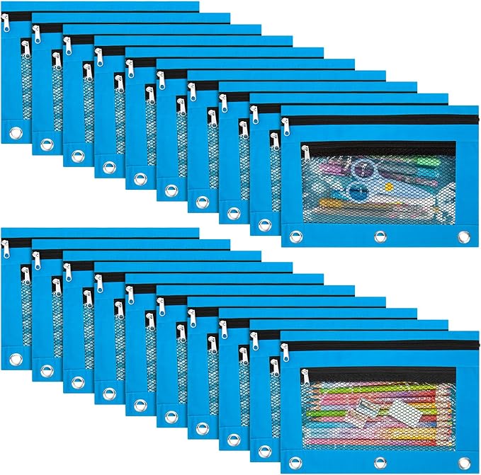 IKAYAS 20 Pack Sky Blue Pencil Pouch for 3 Ring Binder bulk with Zipper for Classroom bulk Pencil Box Pencil Case for Storing School Students Teacher Supplies
