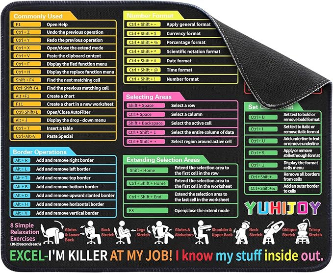 Excel Cheat Sheet Desk Pad - Excel Cheat Sheet Desk Mat - Mouse Pads, Non-Slip Base Portable Mousepad Suitable Ideal for Office, Gaming (11.8" x 9.84")
