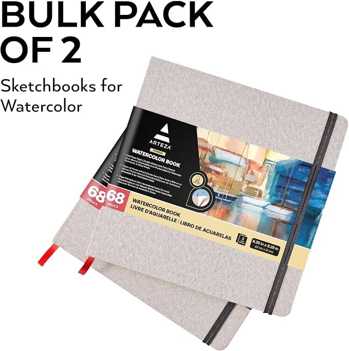 ARTEZA Watercolor Sketchbooks, Pack of 2, 8.25 x 8.25 Inches, 68 Pages Each, 110 lb / 230 GSM, Cold Press, Dual-Sided, Acid-Free Linen-Bound Hardcover Books for Watercolor and Mixed Media