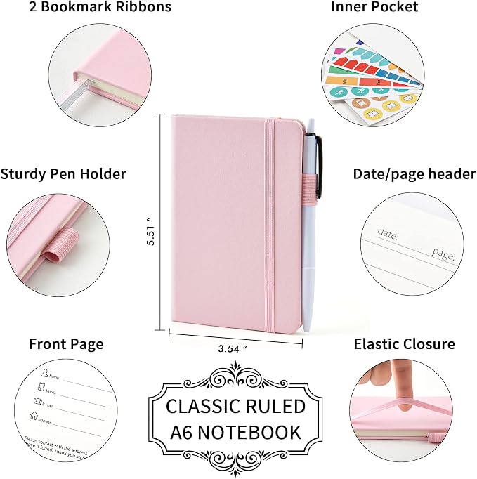 feela 6 Pack Pocket Small Notebooks Bulk, Mini Cute Memo Notepads Hardcover College Ruled Lined Journals with Pen Holder for Women Girls Office School, with 6 Black Pens, 3.5”x 5.5”, A6, Rose Pink