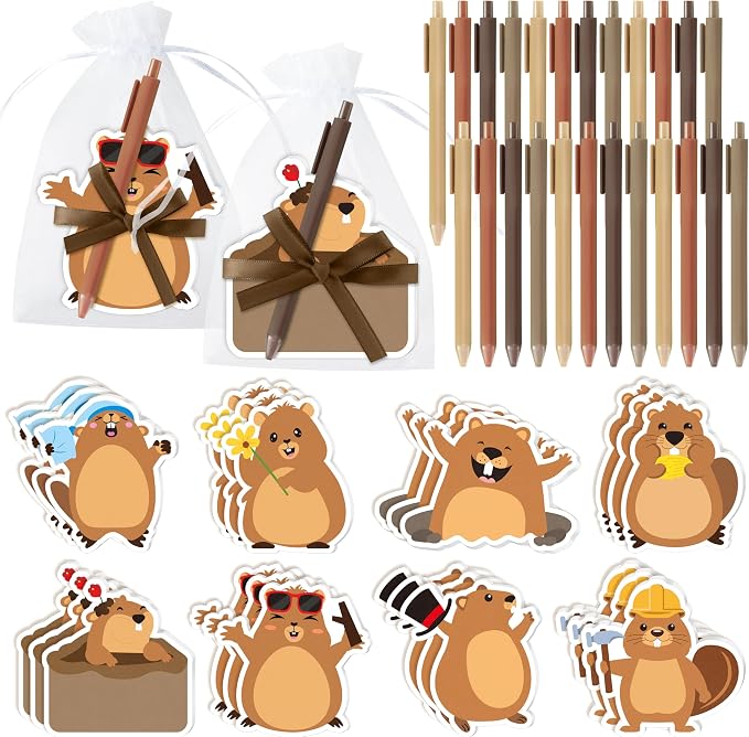 CJiangpo 24 Pack Groundhog Sticky Note with Pen Gift Set, Cute Cartoon Self Stick Notepad Funny Memo Pad Ballpoint Pens with Organza Bags, Groundhog Day Party Favor Gift for Kids Classroom Rewards