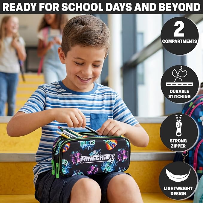 Get Trend Minecraft Pencil Case for Boys, Pencil Pouch with 2 Zipped Compartments, Back-to-School Marker & Pen Case, Organizer for School Supplies, Stationery, Gamer Gifts (Black/Multi Minecraft)